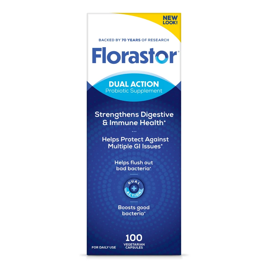 Florastor Dual Action probiotic carton, 100 vegetarian capsules