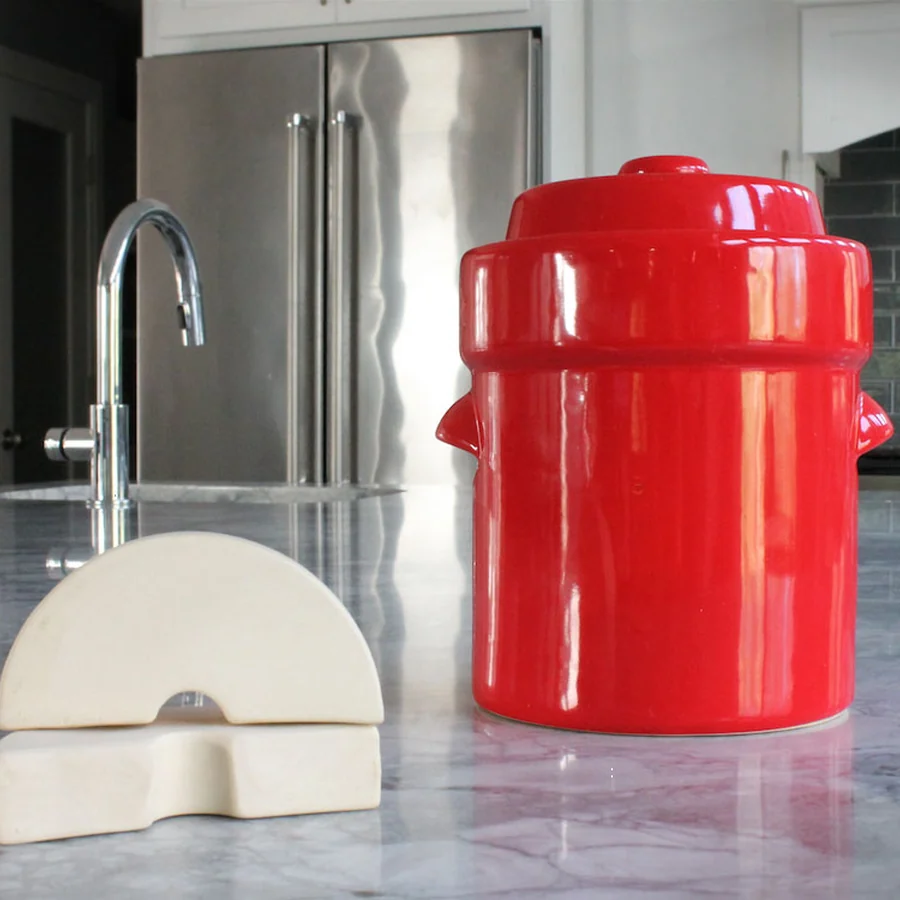 Humble House Sauerkrock water-sealed stoneware fermentation crock with its lid and weight stones